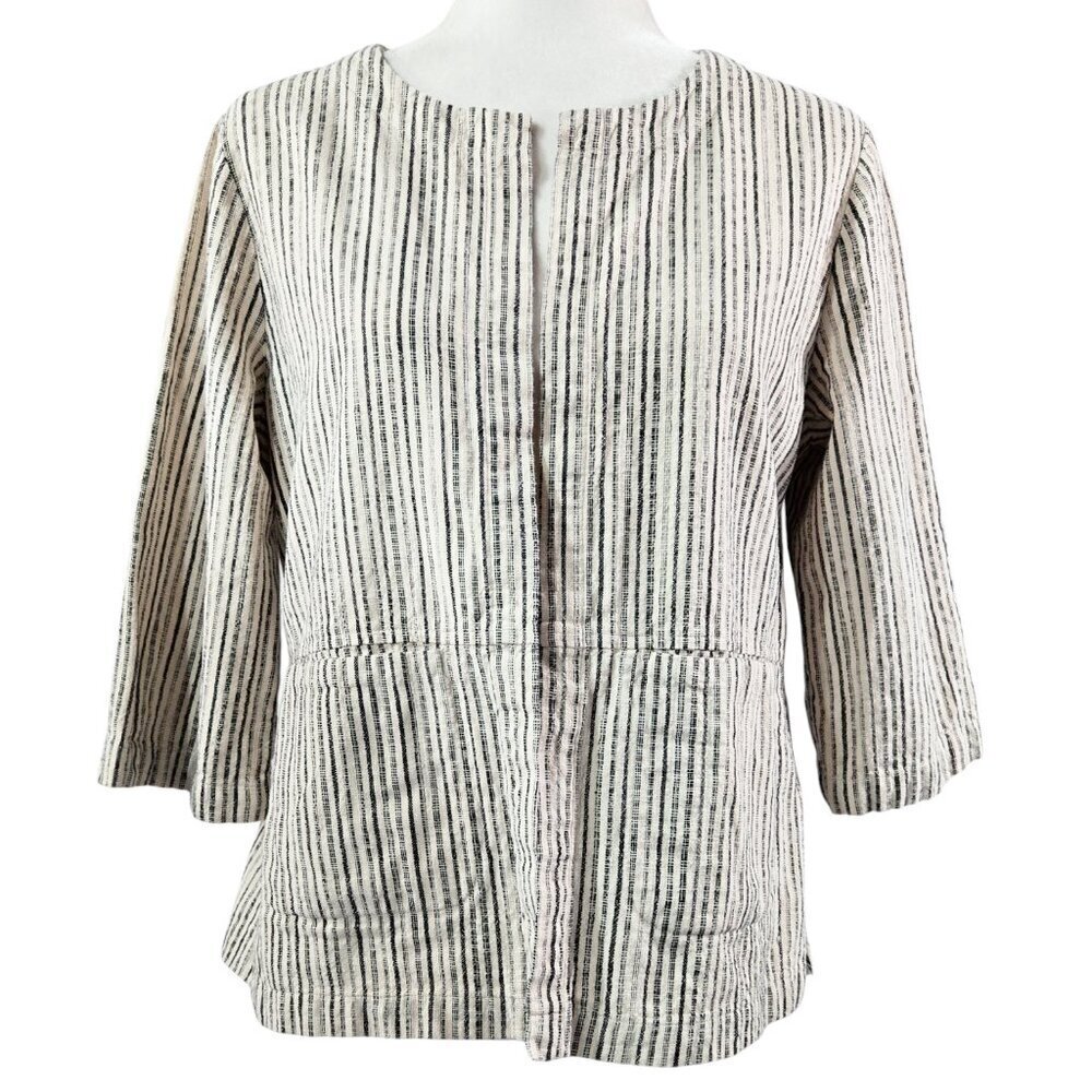 Eileen Fisher 100% Organic Cotton Cream Stripe Open Front Topper Jacket Boho